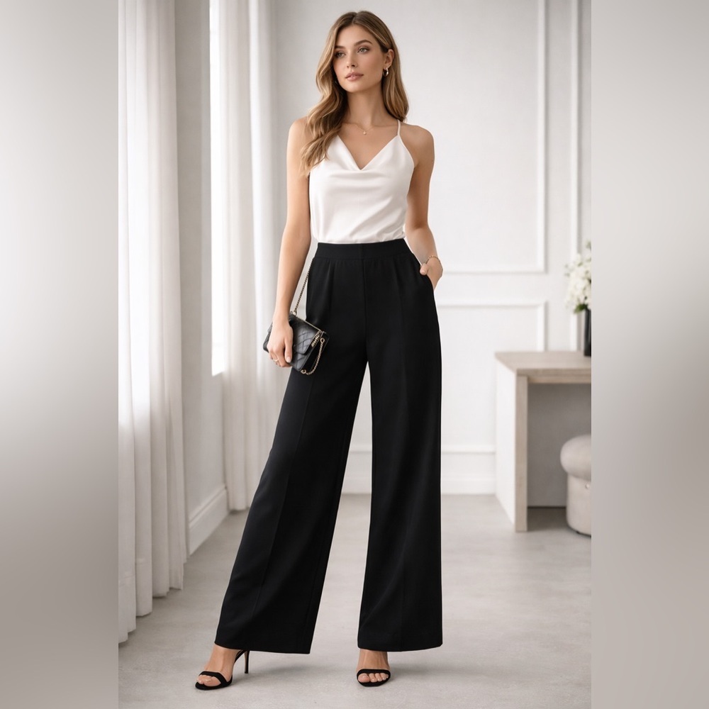 NWT CHRISTIAN SIRIANO Black Wide Leg Trousers XS Fits S Luxe Stretch Waist